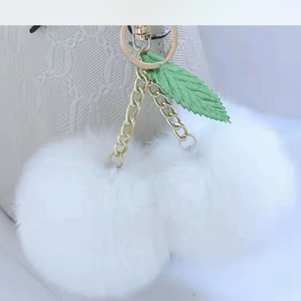 White Cherry Fluffy Pom Pom Keychain New